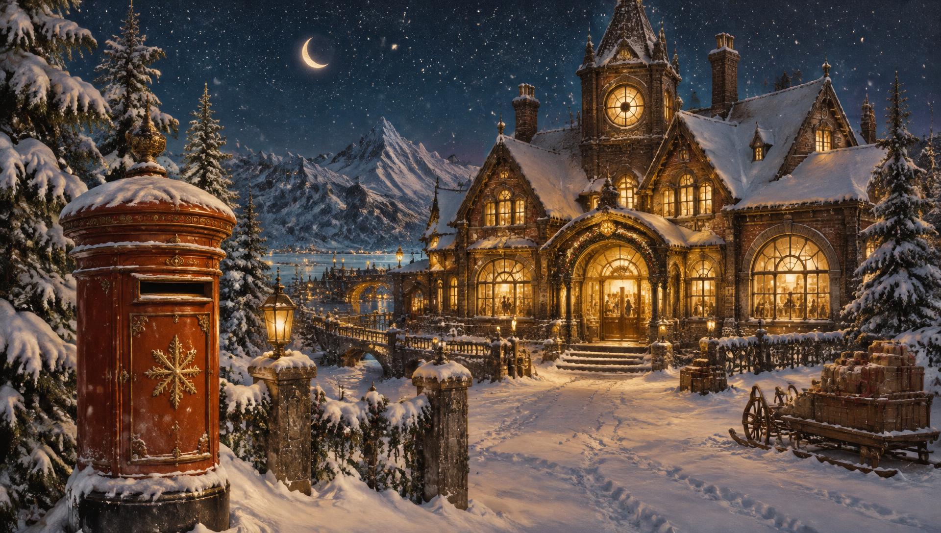 An illustrated Victorian post office in the snow at dusk, with glowing windows, a red letterbox and a starry sky